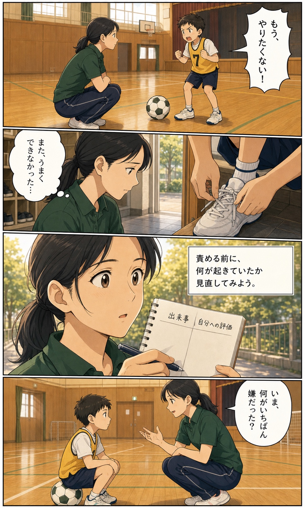 子どものイライラに対応したあと自分を責めるコーチが、子どもに何が嫌だったかを尋ねる見方に気づく4コマ漫画